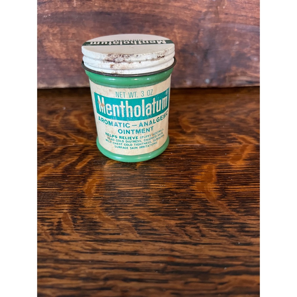 Vintage Mentholatum Ointment Green Glass Jar 3 oz Buffalo NY Apothecary Tin Lid